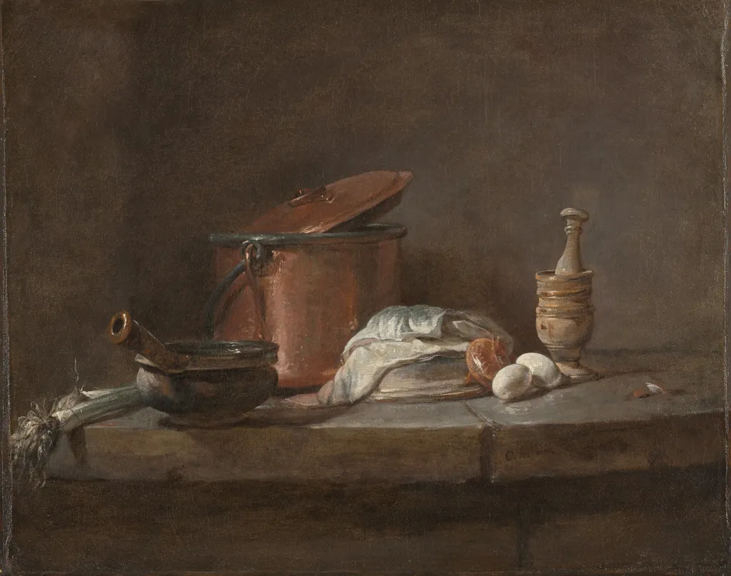 Kitchen Utensils with Leeks, Fish, and Eggs, by Jean-Baptiste-Siméon Chardin, oil, 1734