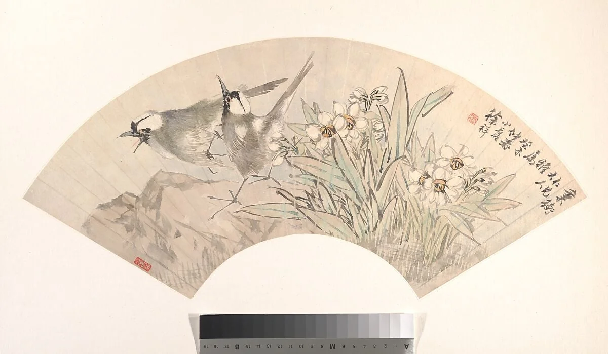 清 徐祥 小鳥水仙 扇面|Birds and Narcissus, detail