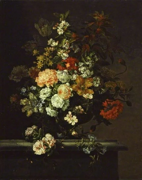 Still life of mixed flowers and a vase on a ledge, detail