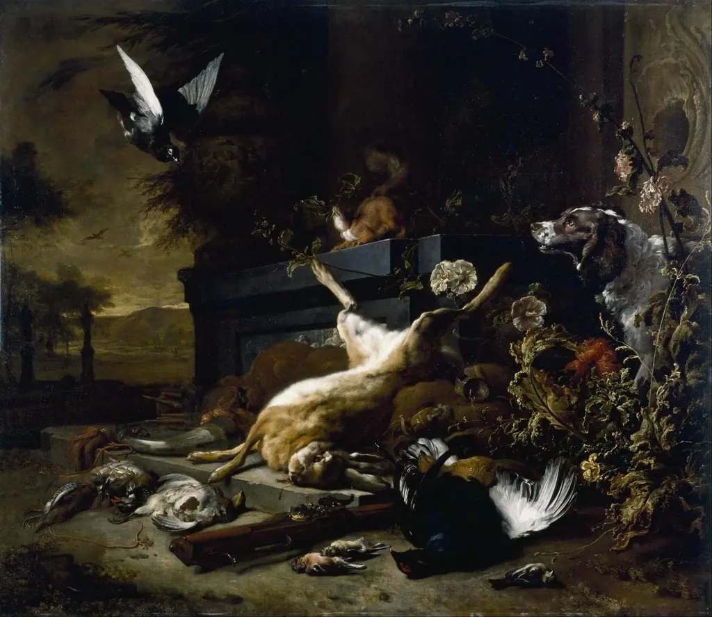 Still Life of Game including a Hare, Black Grouse and Partridge, a Spaniel looking on with a Pigeon in Flight, by Jan Weenix, oil, 1690