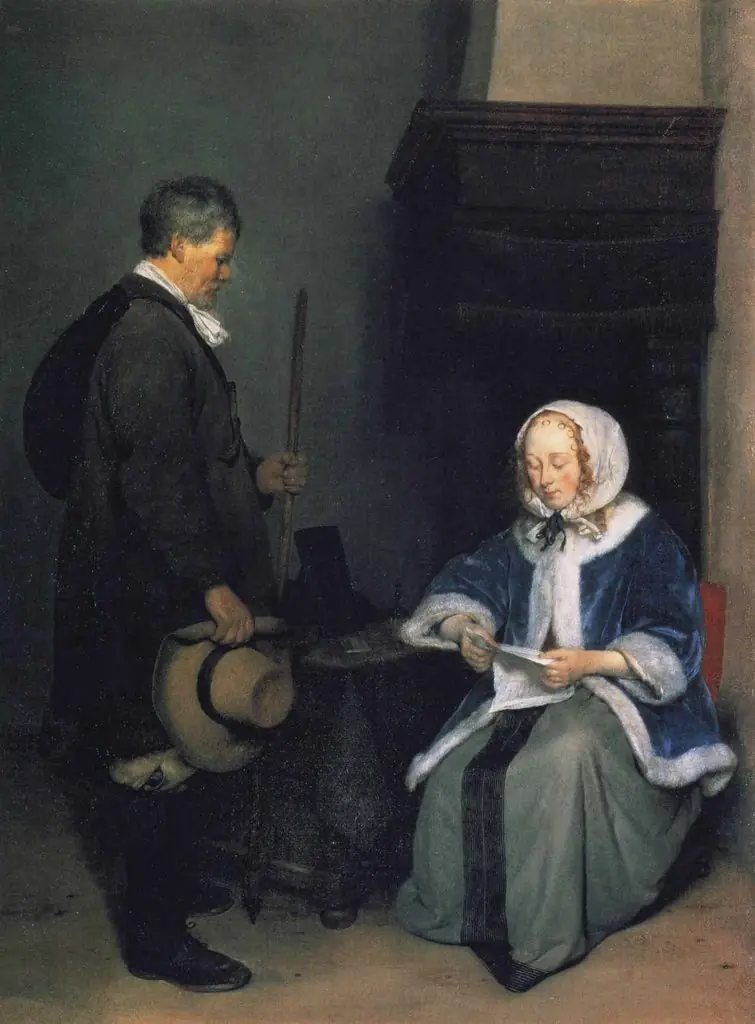Sitting Lady Reading a Letter with a man, by Gerard ter Borch, oil, 1658
