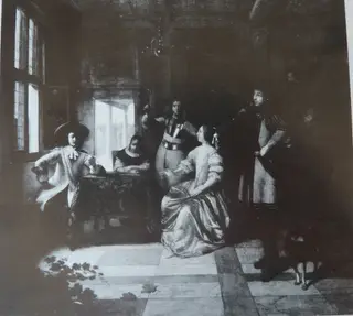 A Merry Company with a Trumpeter, by Pieter de Hooch, oil, 1674