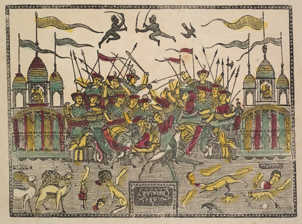 Battle Scene at Kurukshetra from the Mahabharata War (verso), from a Kalighat album, by Shri Gobinda Chandra Roy, unspecified, 1890