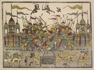 Battle Scene at Kurukshetra from the Mahabharata War (verso), from a Kalighat album, by Shri Gobinda Chandra Roy, unspecified, 1890