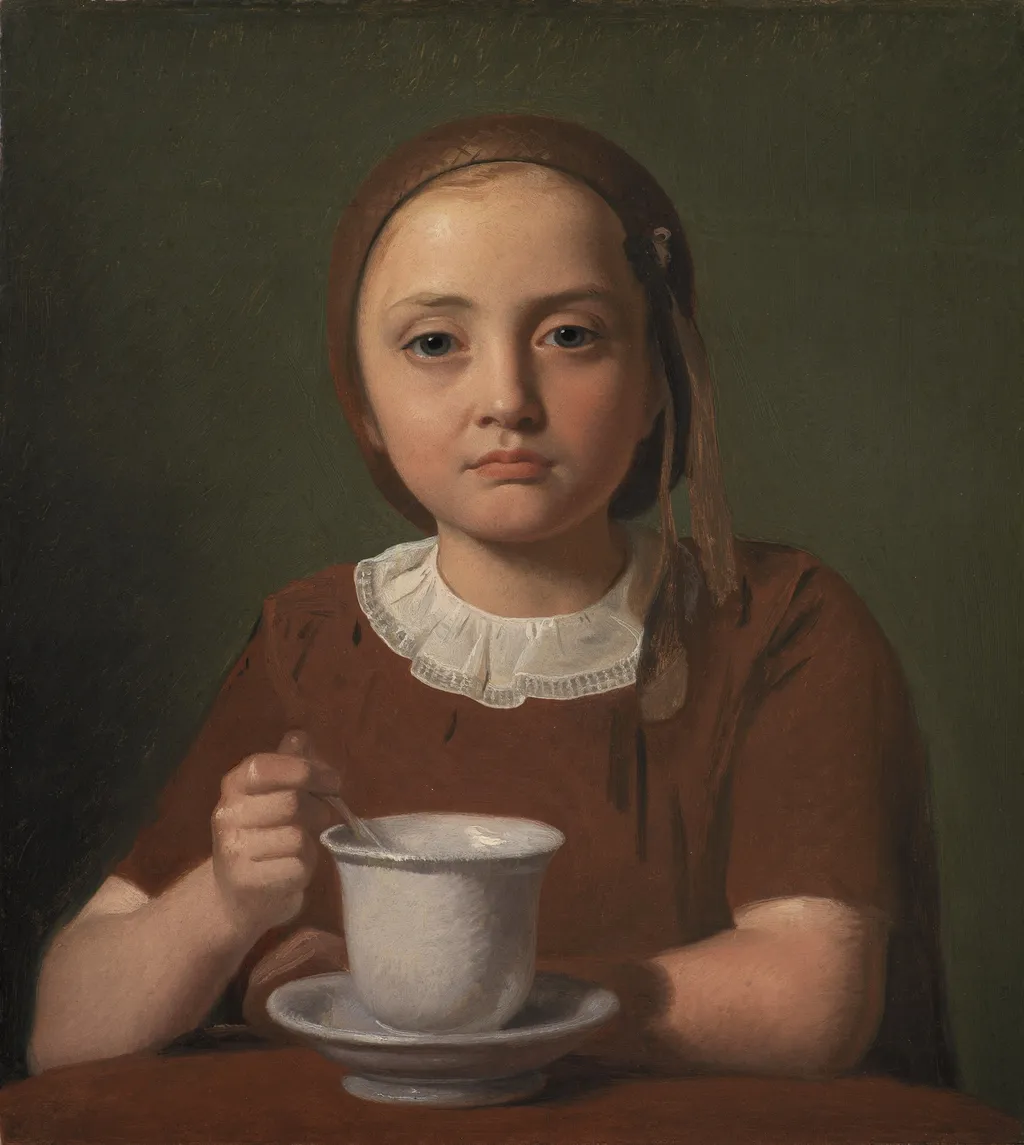 Portrait of a Little Girl, Elise Købke, with a Cup in front of her, by Constantin Hansen, unspecified, 1850