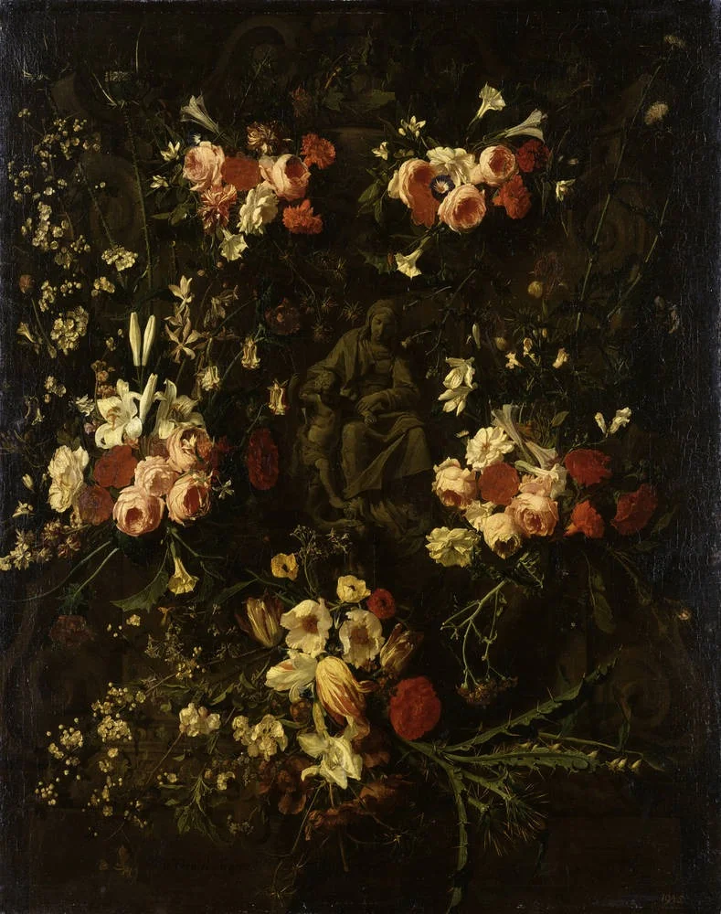 Flower garland cartouche around the Madonna and Child, detail