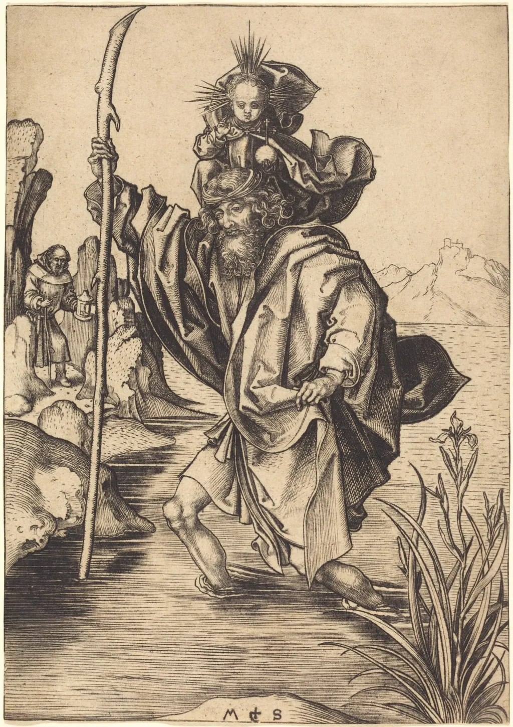 Saint Christopher, by Martin Schongauer, ink, 1478