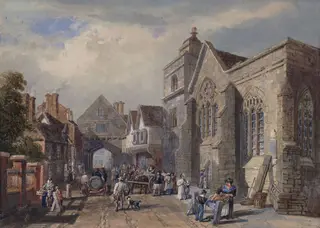 St. Nicholas Church and the College Gateway, Rochester, by Pyne, watercolor, 1830