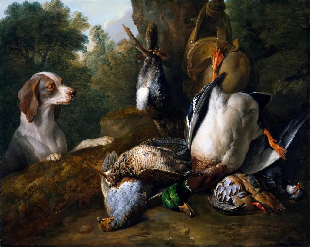 Still Life with Dog and Game, by Alexandre-François Desportes, oil, 1710