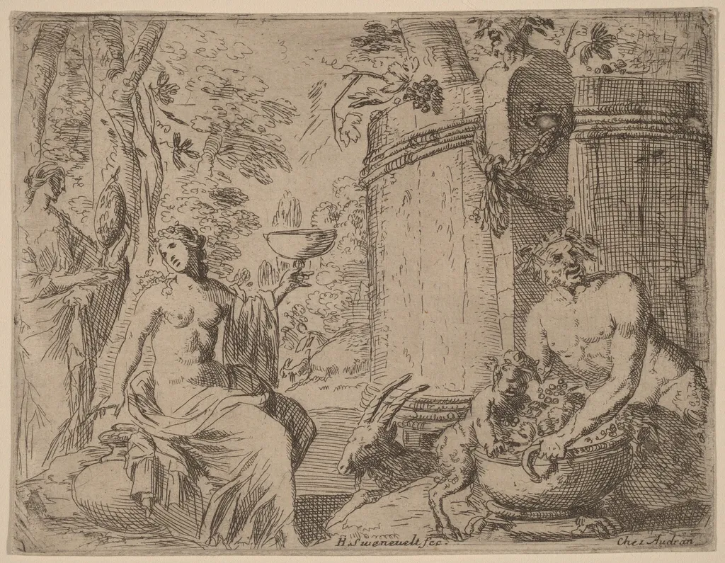 Two Nymphs and a Satyr before a Large Vat, by Herman van Swanevelt, ink, 1628