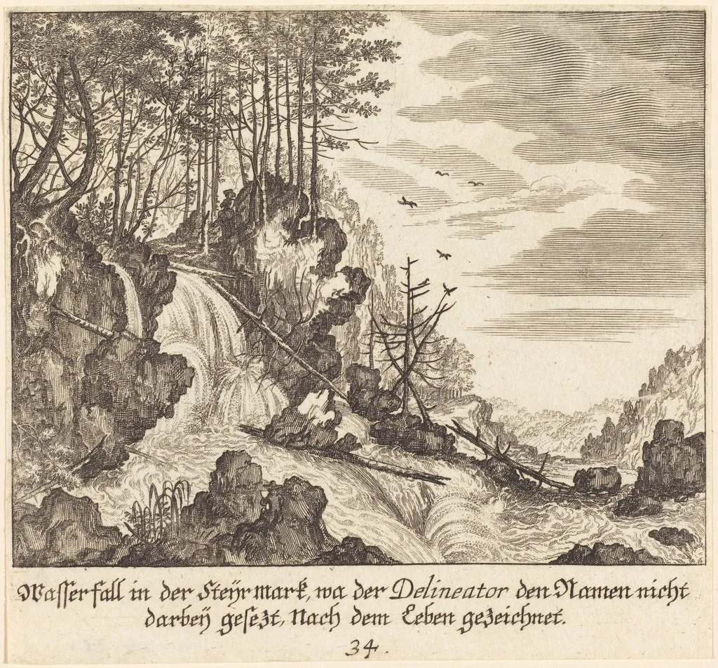 Waterfall, by Melchior Küsel, ink, 1681