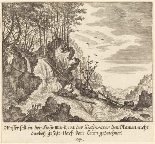 Waterfall, by Melchior Küsel, ink, 1681