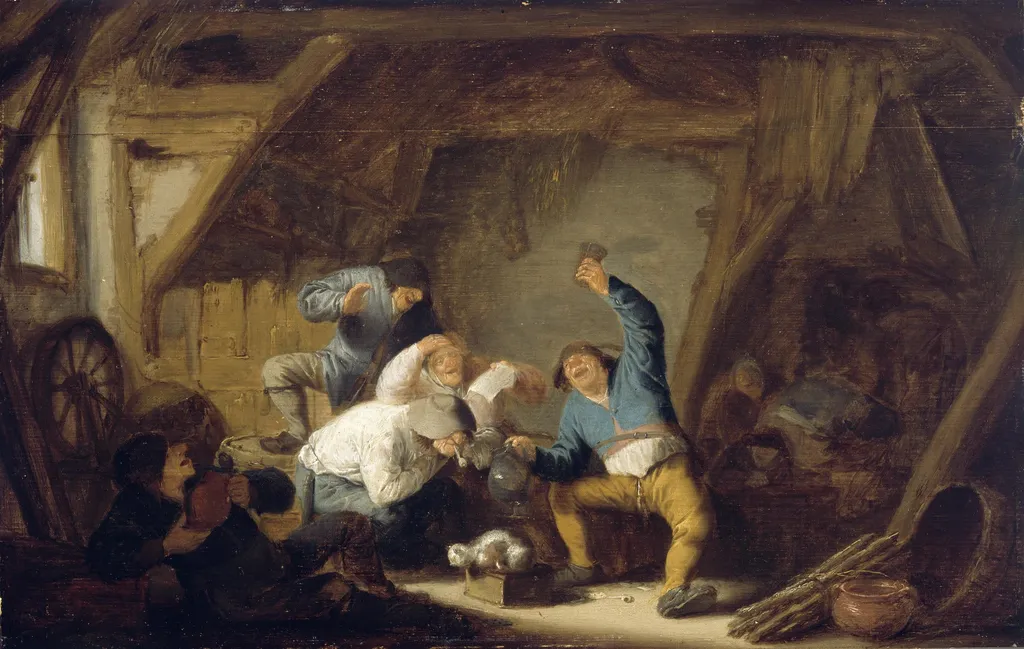 Boors Drinking in a Barn, by Adriaen van Ostade, oil, 1635