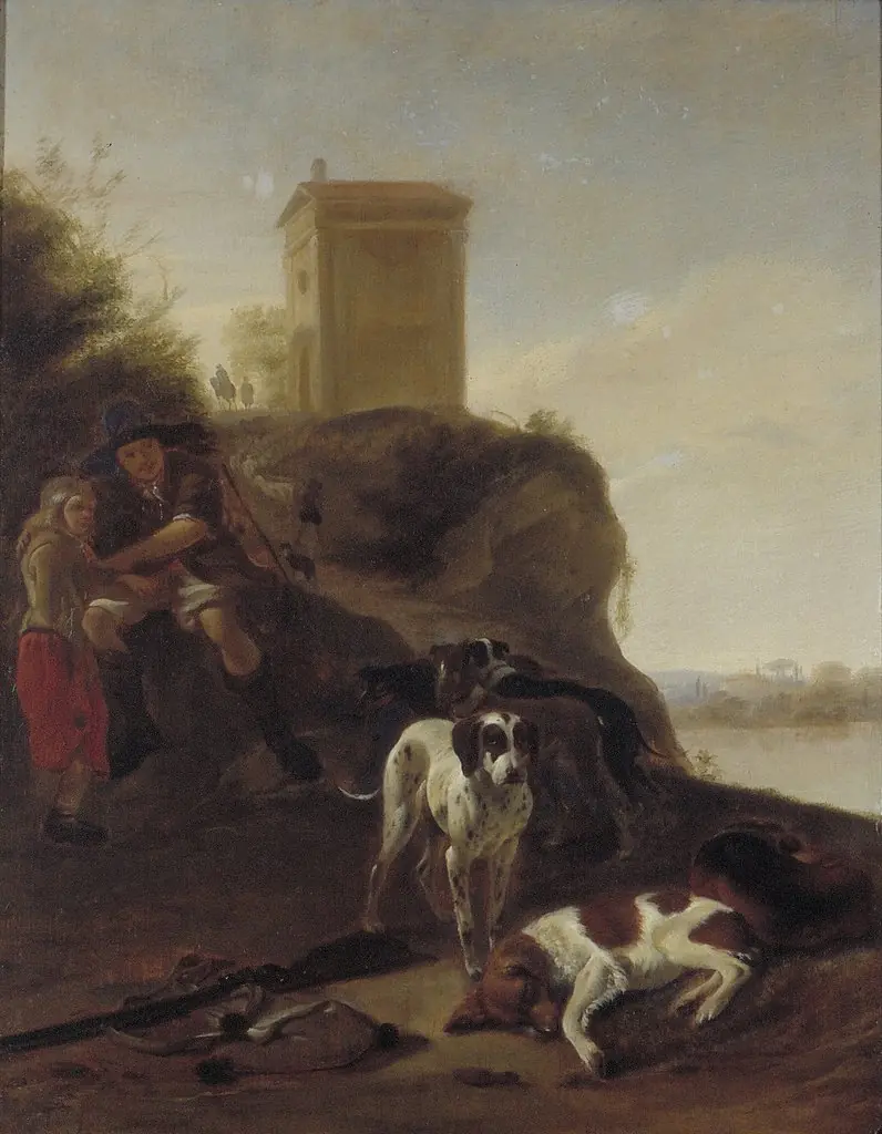 Hunters and Dogs in an Italian Landscape, by Hendrik Verschuring, oil, 1666