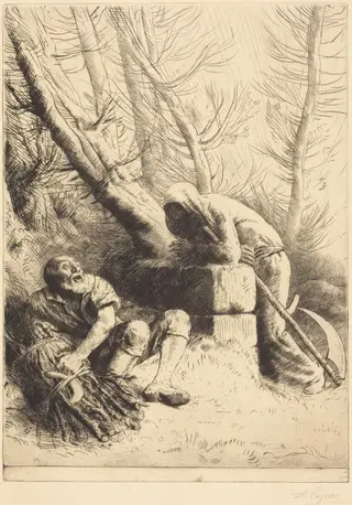 Death and the Woodcutter, 4th plate (La mort et le bucheron), by Alphonse Legros, ink, 1888