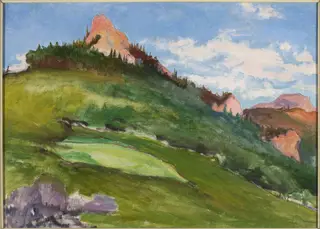 Landscape with pink mountain peaks, by Władysław Ślewiński, oil, 1906