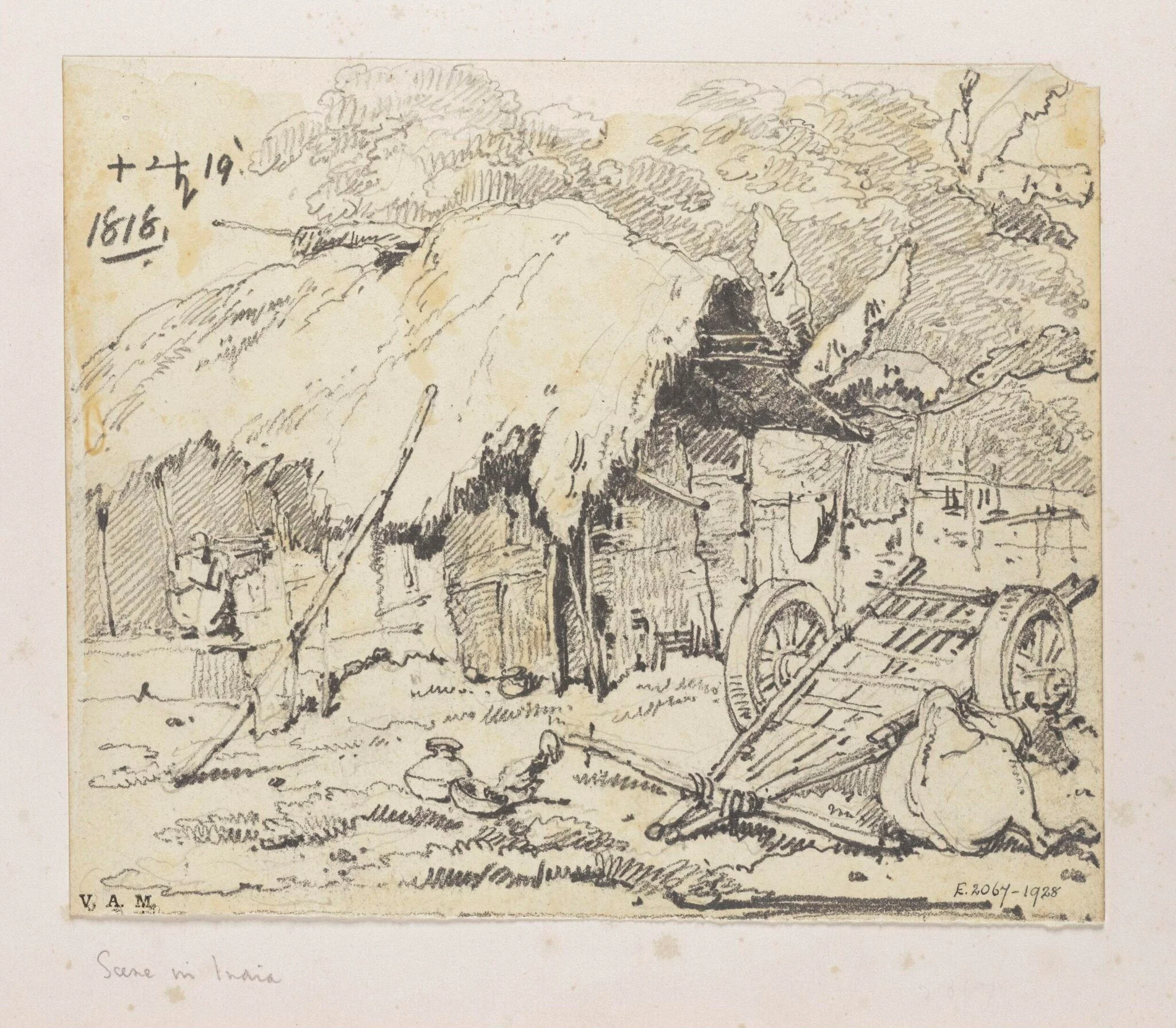 An ox and cart outside a Bengal village dwelling, detail