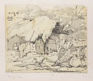 An ox and cart outside a Bengal village dwelling, by George Chinnery, 14