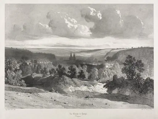 Voyages pittoresques et romantiques dans l'ancienne France.  Bretagne:  Vue général de Quimper, by Eugène Ciceri, 1845