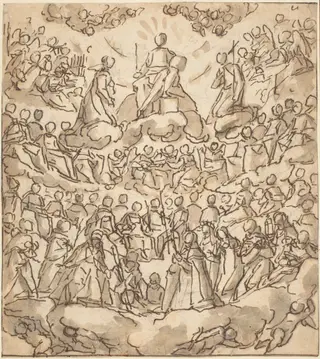 The Blessed in Paradise with the Virgin and St. John the Baptist before God, by Lazzaro Tavarone, chalk, 1590