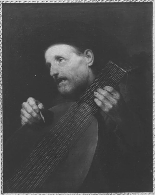 Old man singing and playing the lute, detail