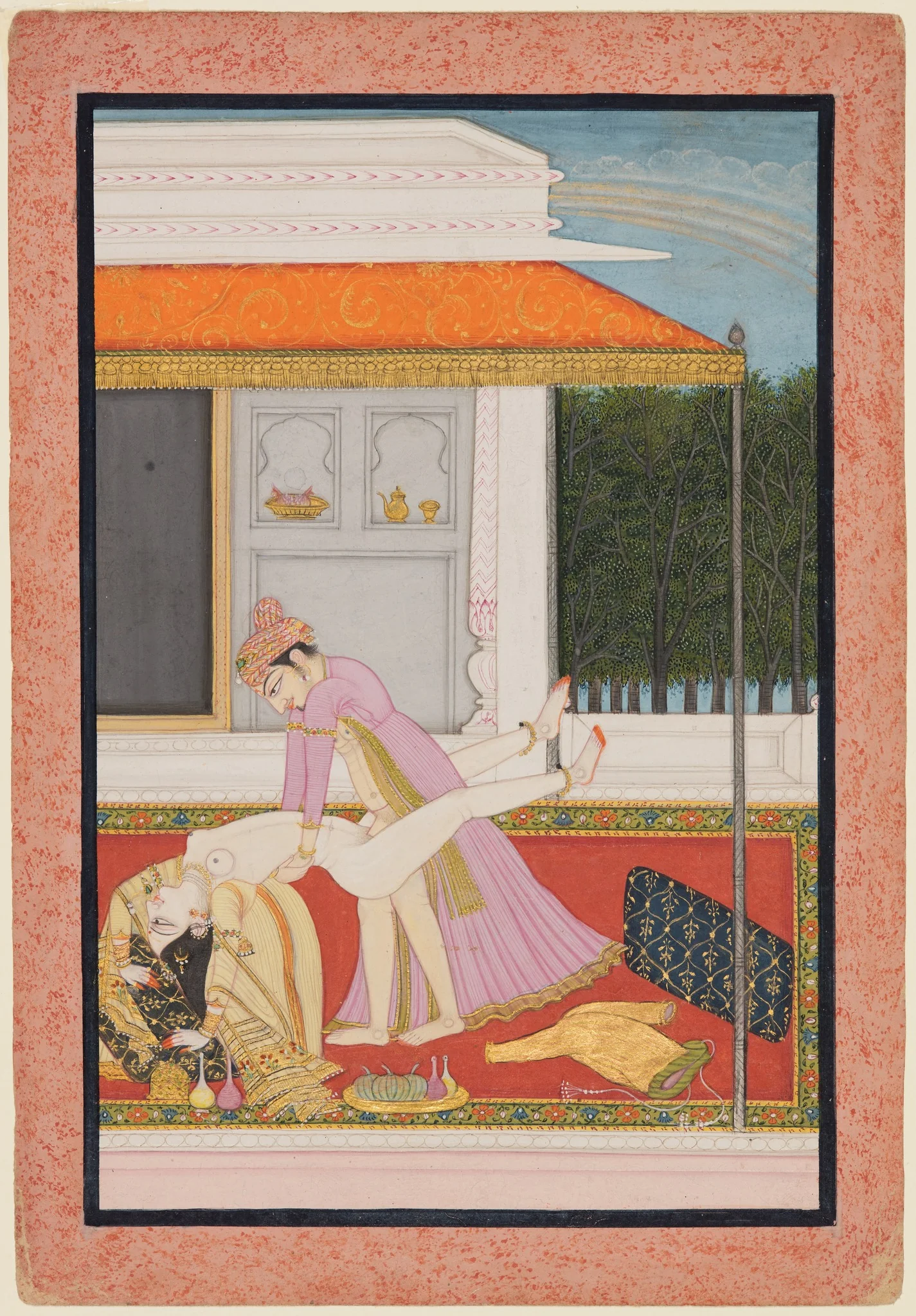 An Amorous Couple, Probably Raja Mahendra Pal of Basohli (r. 1806–13) with a Favorite Queen, detail