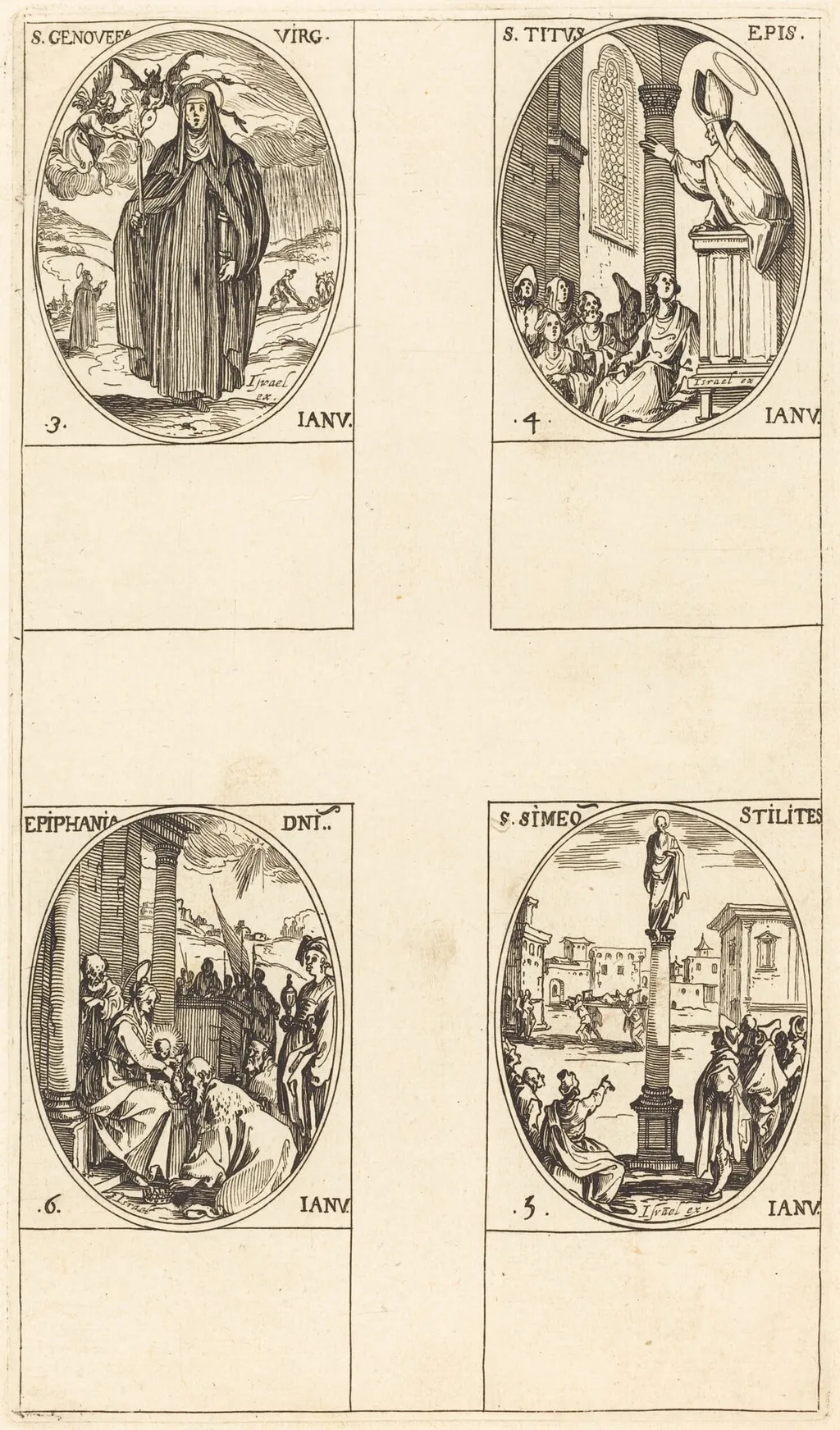 St. Genevieve; St. Titus; St. Simeon Stylites; Epiphany, by Jacques Callot, ink, 1634