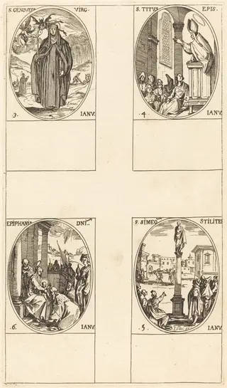 St. Genevieve; St. Titus; St. Simeon Stylites; Epiphany, by Jacques Callot, ink, 1634