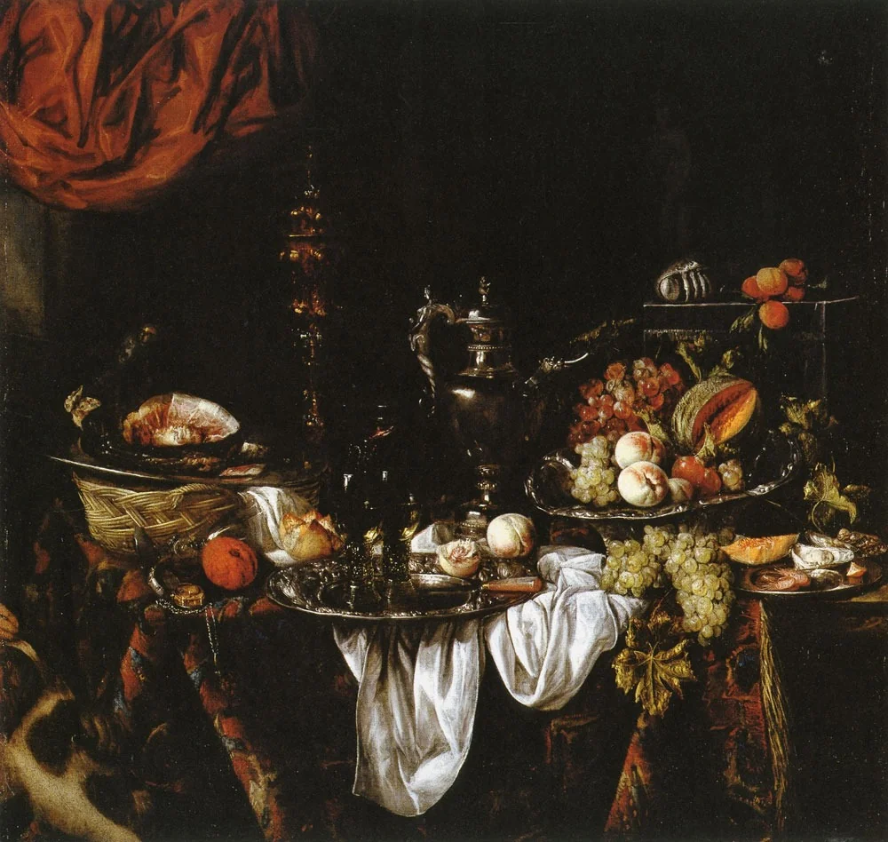 Still life on a draped table with a sculpture of Venus in a niche behind a curtain, detail