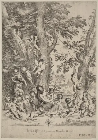Young Woman, Surrounded by Cupids (The Garden of Charity, vertical version), by Pietro Testa, ink, 1631