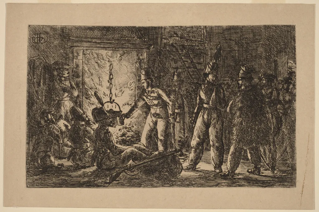 Cossacks before a Fireplace (Les cosaques devant la cheminée de la ferme en Hollande) [recto], by Gerhardus Emaus de Micault, ink, 1815