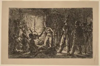 Cossacks before a Fireplace (Les cosaques devant la cheminée de la ferme en Hollande) [recto], by Gerhardus Emaus de Micault, ink, 1815