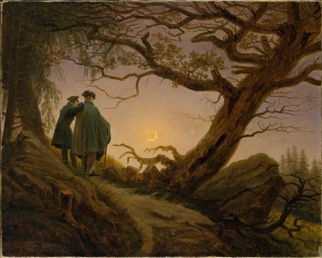 Two men contemplating the Moon, the path climbs out of the frame, and the dead oak leans across the watchers like a roof.
