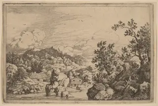 Large Rock Projecting from a River, by Allart van Everdingen, ink, 1650