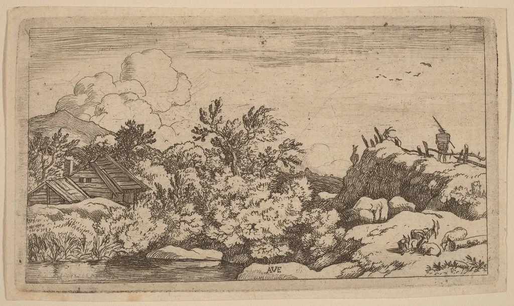 Goat Herd on a Hill, by Allart van Everdingen, ink, 1650