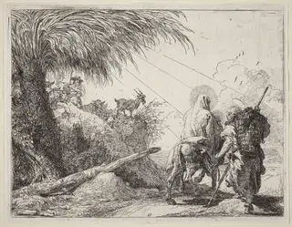 The Flight, Holy Family at the Right, Joseph Looking to the Left, by Giovanni Domenico Tiepolo, ink, 1753