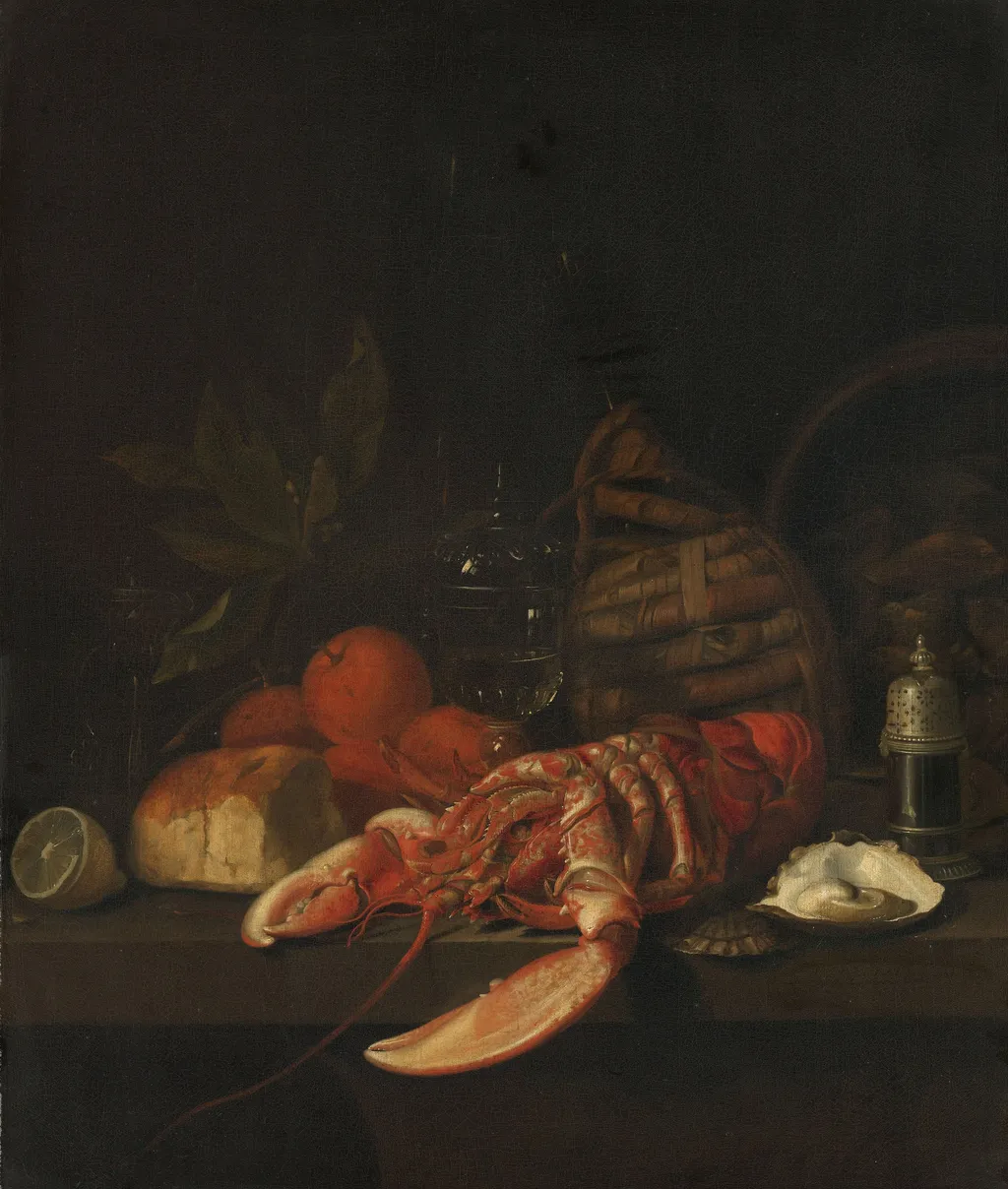 Still life with a lobster. oysters, bread, oranges, a lemon, a glass, a pepper shaker  and a wine casket, by David Davidsz. de Heem, oil
