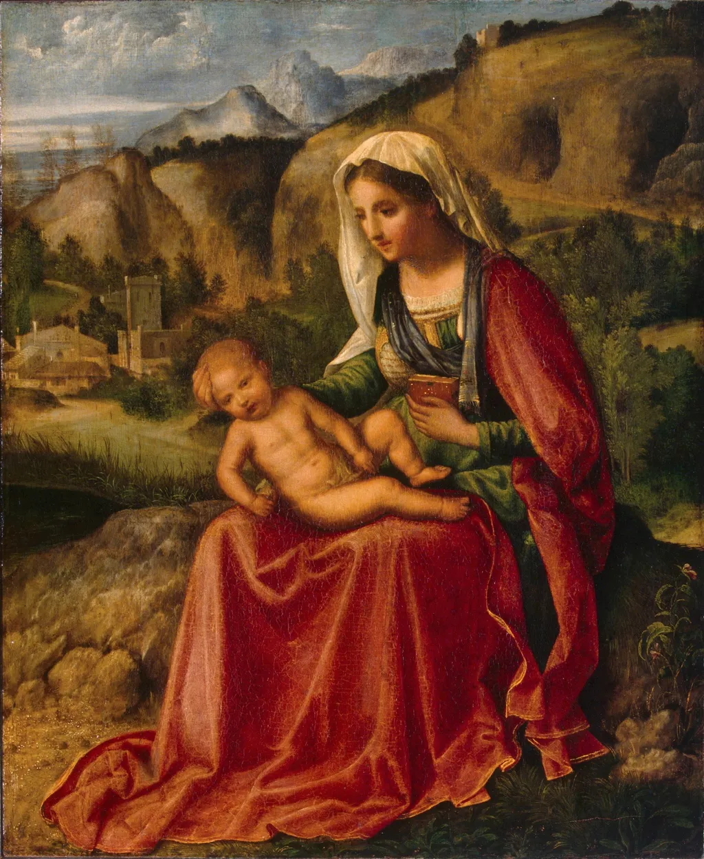 Virgin and Child in a Landscape, by Giorgione, oil, 1500