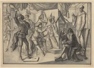 Mezzetin "Paints" a Portrait of Cupid by Cutting the Canvas to Reveal Harlequin, by Johann Jacob Schübler, ink, 1729