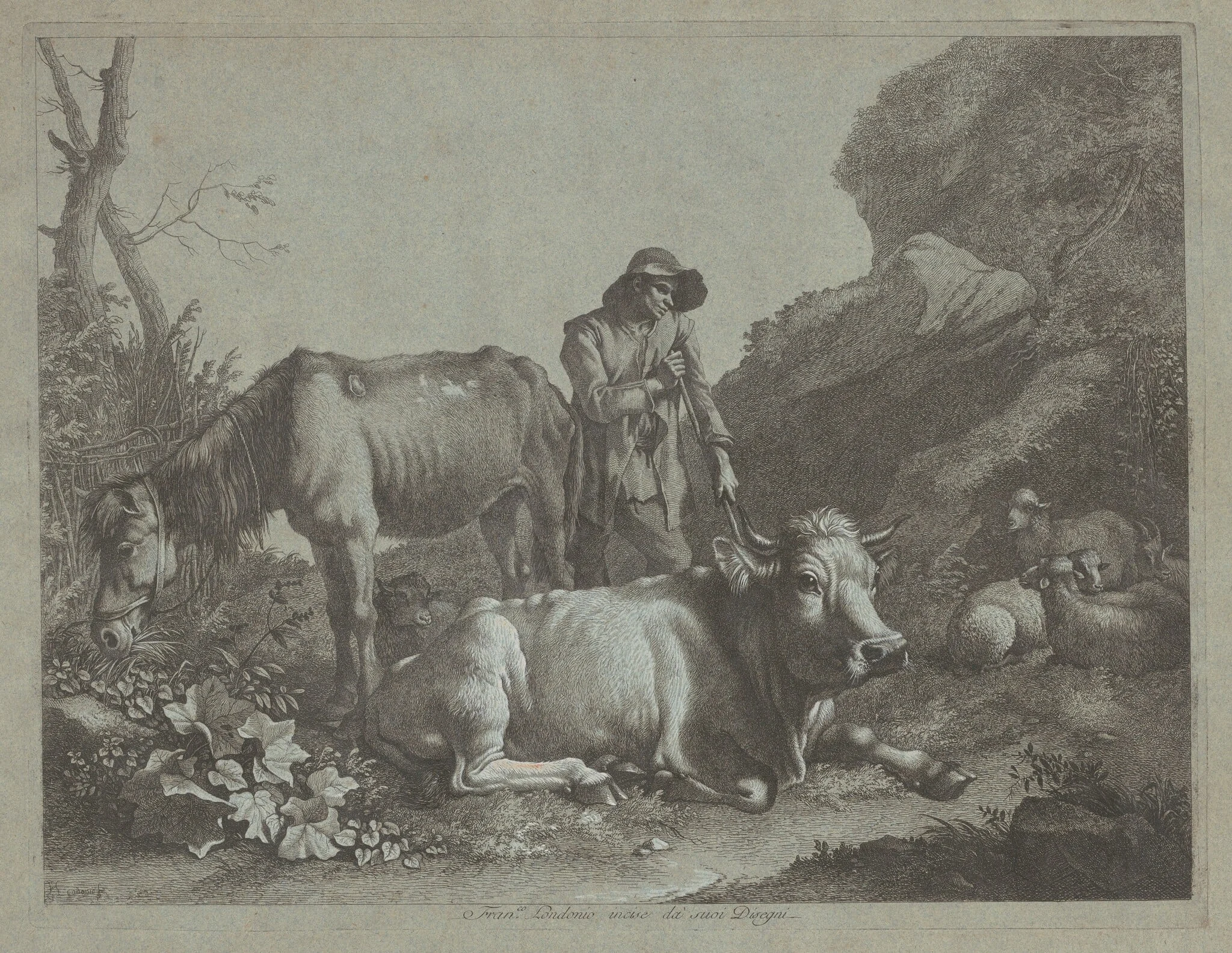 Shepherd Resting on a Walking Stick with an Old Horse and a Reclining Bull, detail