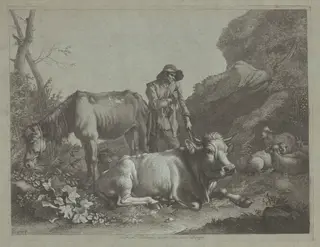 Shepherd Resting on a Walking Stick with an Old Horse and a Reclining Bull, by Francesco Londonio, ink, 1767