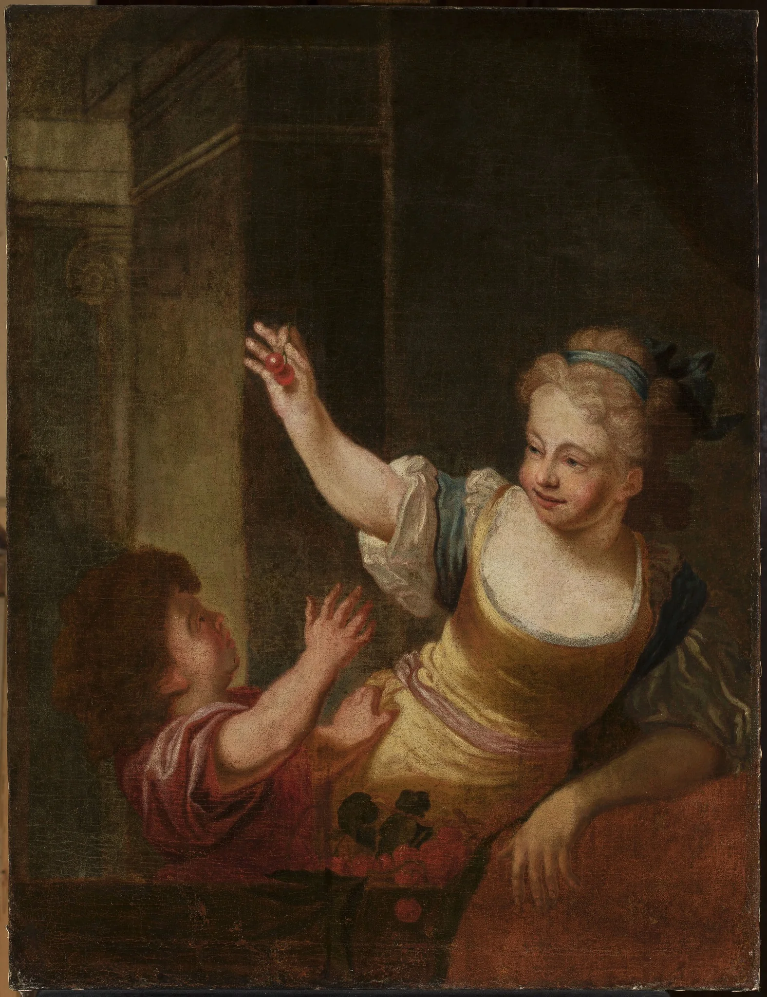 Two children playing with dark cherries, detail