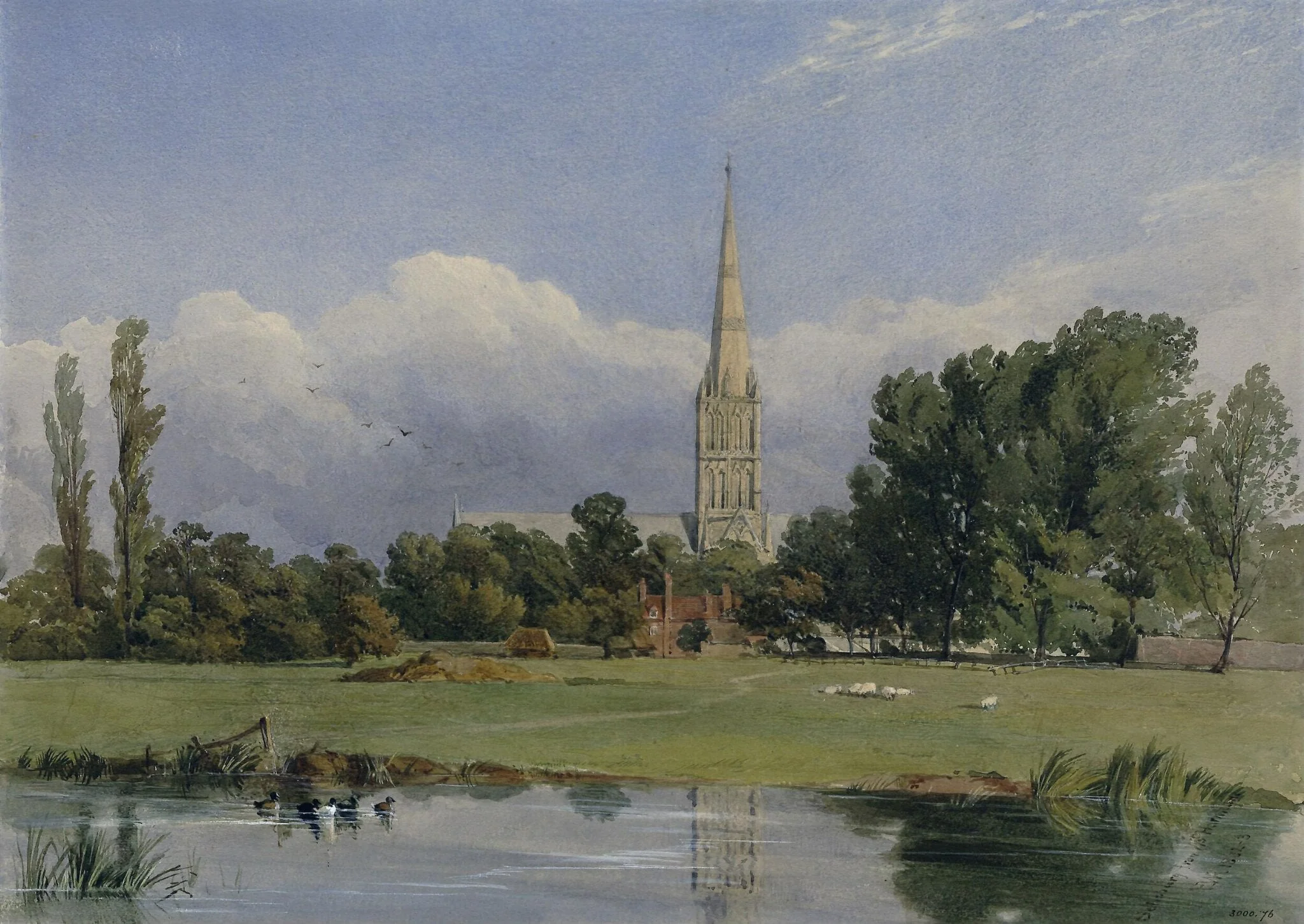 Salisbury Cathedral from West Harnham, detail