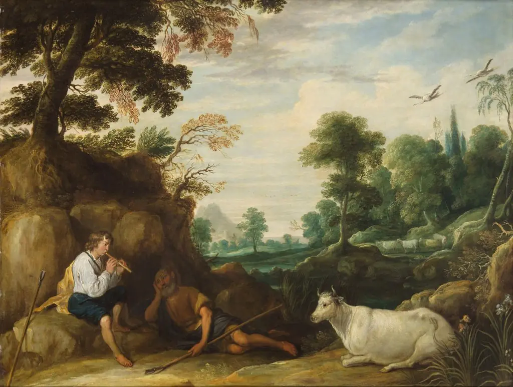 Mercury playing the flute for Argus, by David Teniers the Younger, oil, 1638