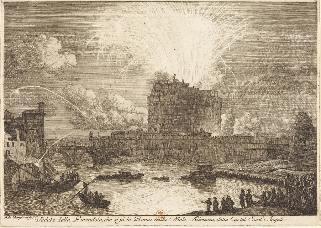 Veduta della Girandola a Castel Sant'Angelo (Fireworks Display over the Castle Sant'Angelo), by Adrien Manglard, ink, 1751