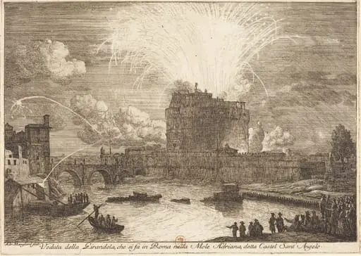 Veduta della Girandola a Castel Sant'Angelo (Fireworks Display over the Castle Sant'Angelo), by Adrien Manglard, ink, 1751