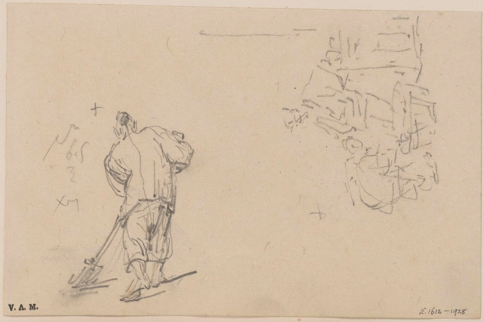 A Chinese figure sweeping, and two figures by a basket, detail