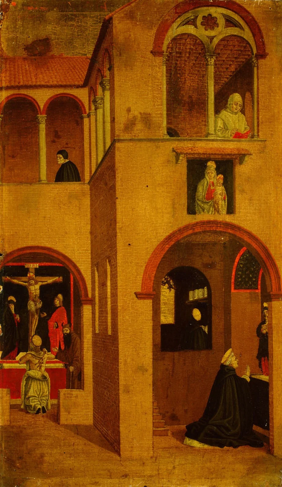 Szene aus dem Leben des Hl. Vinzenz Ferrer: Der Heilige wird vor dem Altar und in seiner Zelle beim Lesen des Heiligen Hieronymus vom Teufel versucht; er wird von der Muttergottes getröstet, detail