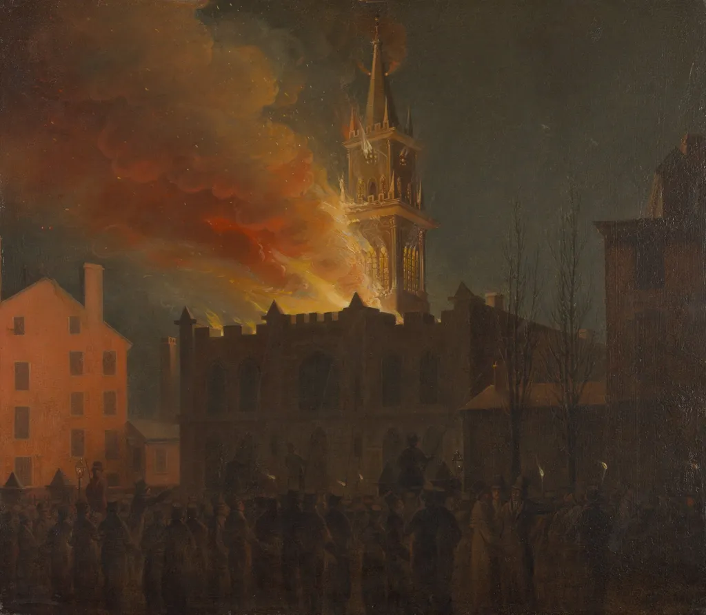 Conflagration of the Masonic Hall, Chestnut Street, Philadelphia, Pennsylvania, by Samuel Jones, oil, 1819