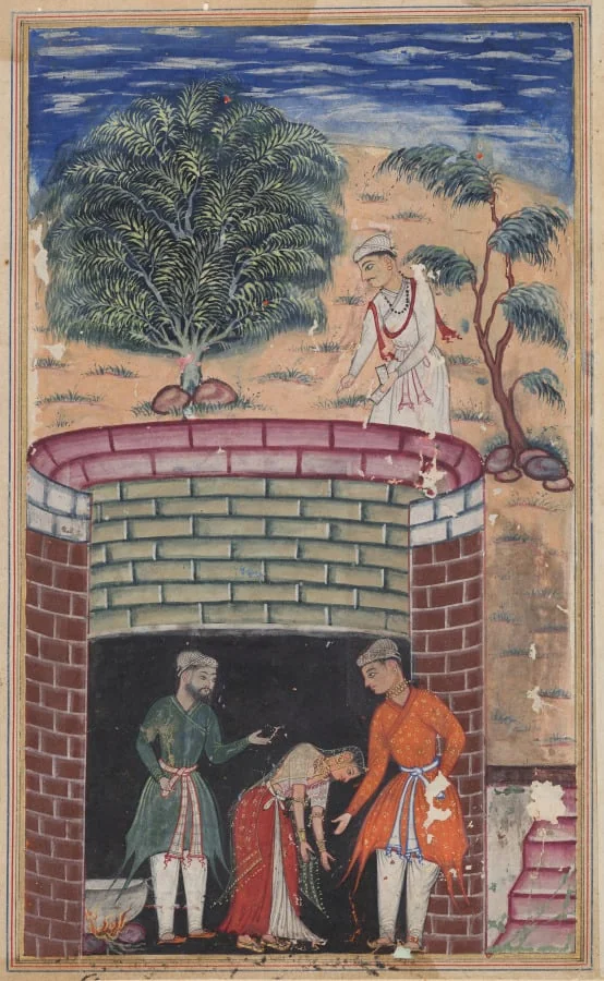The daughter of the king of the jinns bows before the King of Kings who has just undergone the ordeal of passing through the boiling oil to emerge as a youth, from a Tuti-nama (Tales of a Parrot): Seventh Night, detail